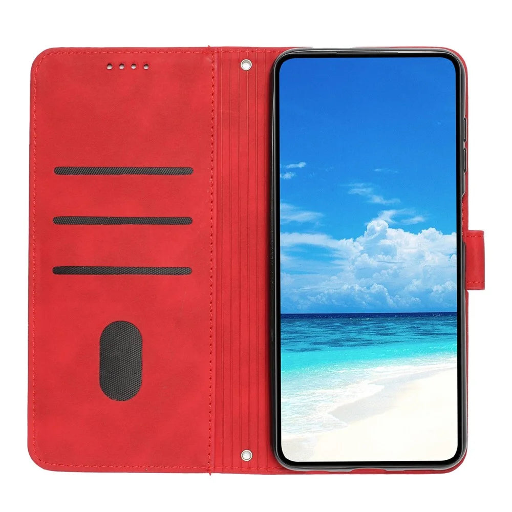 For Samsung Galaxy A32 5G/M32 5G Skin-touch Wallet Phone Case PU Leather Stand Imprinting Heart Shape Protective Cover - Red - 2