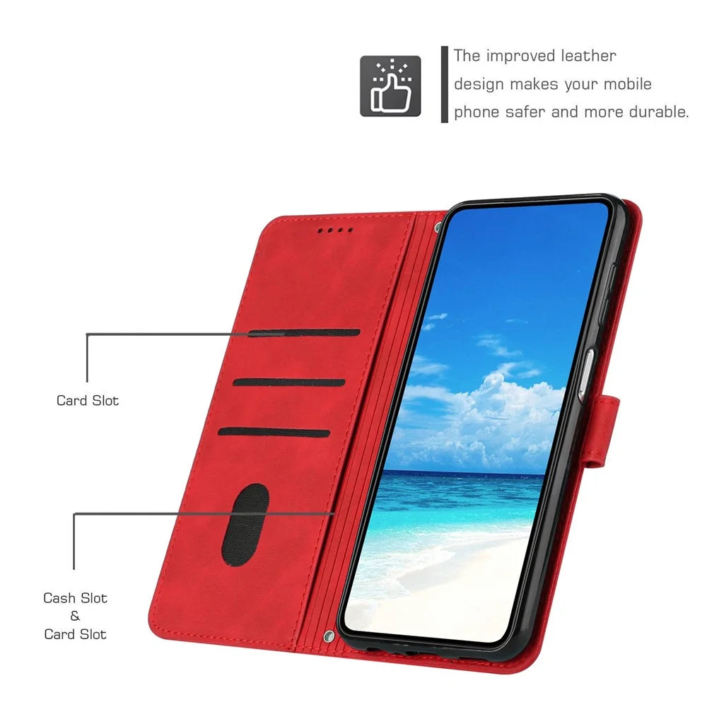 For Samsung Galaxy A32 5G/M32 5G Skin-touch Wallet Phone Case PU Leather Stand Imprinting Heart Shape Protective Cover - Red - 6