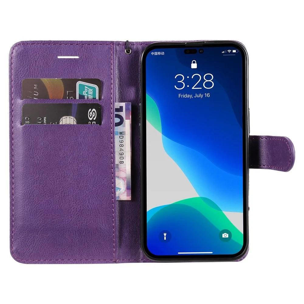 For iPhone 14 Pro Max Case Solid Color Leather Mobile Cover Wallet Stand with Strap - Purple - 2