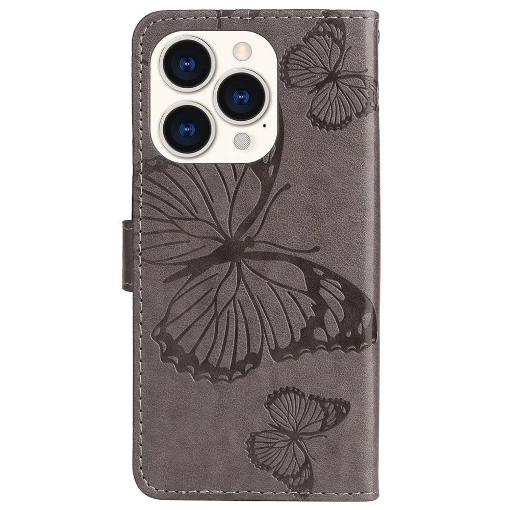 KT Leather Series-2 for iPhone 14 Pro 6.1 inch Shockproof Butterfly Imprinted PU Leather Case Phone Wallet Stand Cover - Grey - 7
