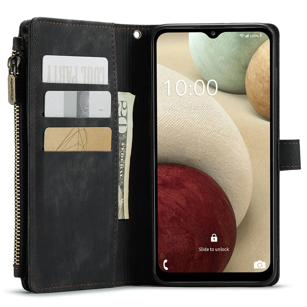 For Samsung Galaxy A12 / A12 (India) Phone Cases with Strap CASEME C30 Zipper Multiple Card Holder PU Leather Cover - Black - 4