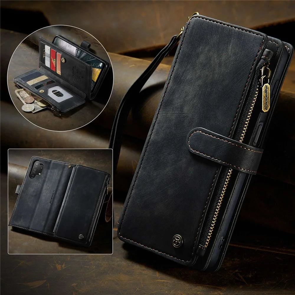 For Samsung Galaxy A13 4G / 5G / A04s 4G (164.7mm) Phone Cases with Strap CASEME C30 Zipper Multiple Card Holder PU Leather Cover - Black - 5