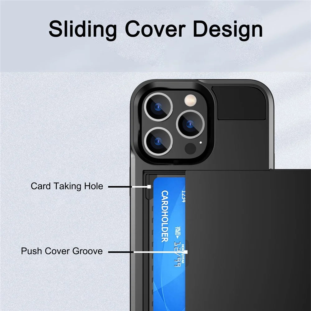 For iPhone 14 Pro Max 6.7 inch Anti-drop Phone Case with Sliding Cover Design Card Holder PC + TPU Hybrid Phone Shell - Black - 2
