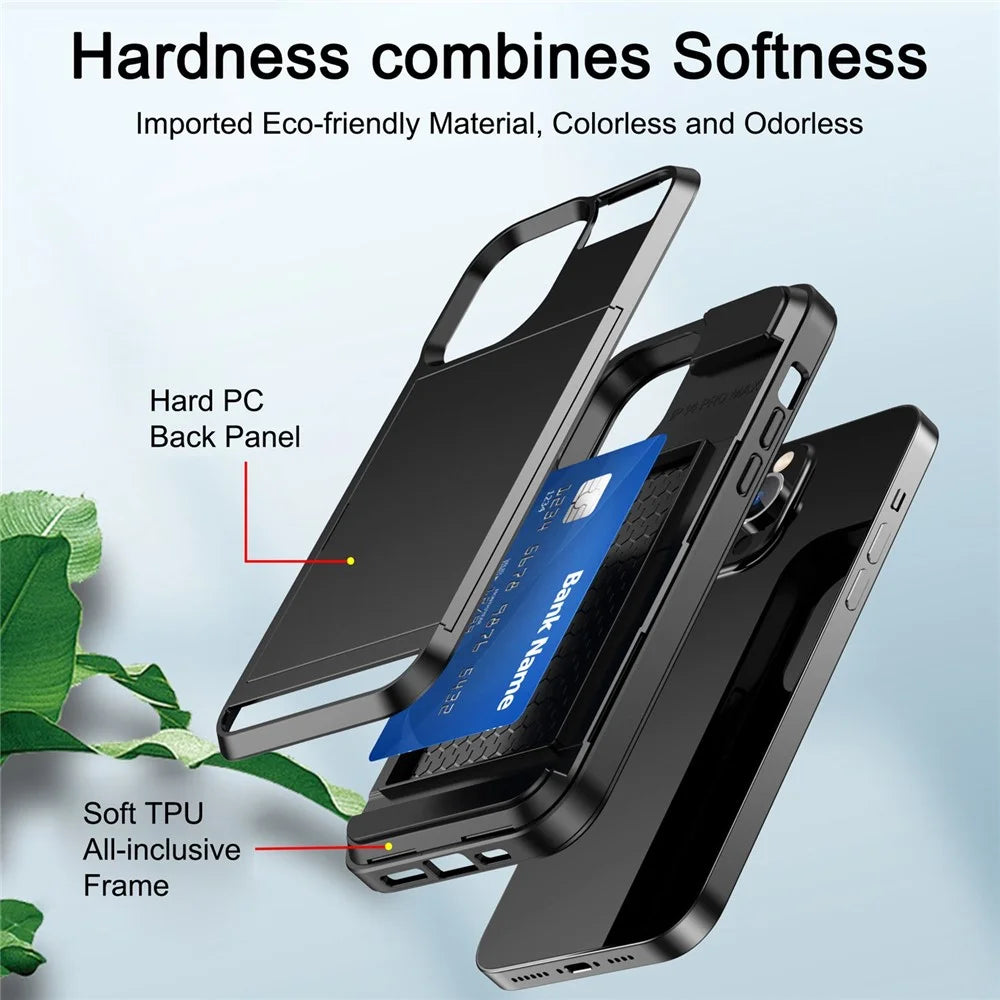 For iPhone 14 Pro Max 6.7 inch Anti-drop Phone Case with Sliding Cover Design Card Holder PC + TPU Hybrid Phone Shell - Black - 3