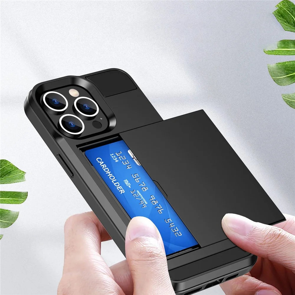 For iPhone 14 Pro Max 6.7 inch Anti-drop Phone Case with Sliding Cover Design Card Holder PC + TPU Hybrid Phone Shell - Black - 7
