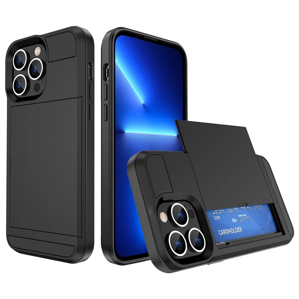 For iPhone 14 Plus 6.7 inch Drop-proof Phone Case PC + TPU Scratch-resistant Mobile Phone Cover with Sliding Card Slot - Black - 1