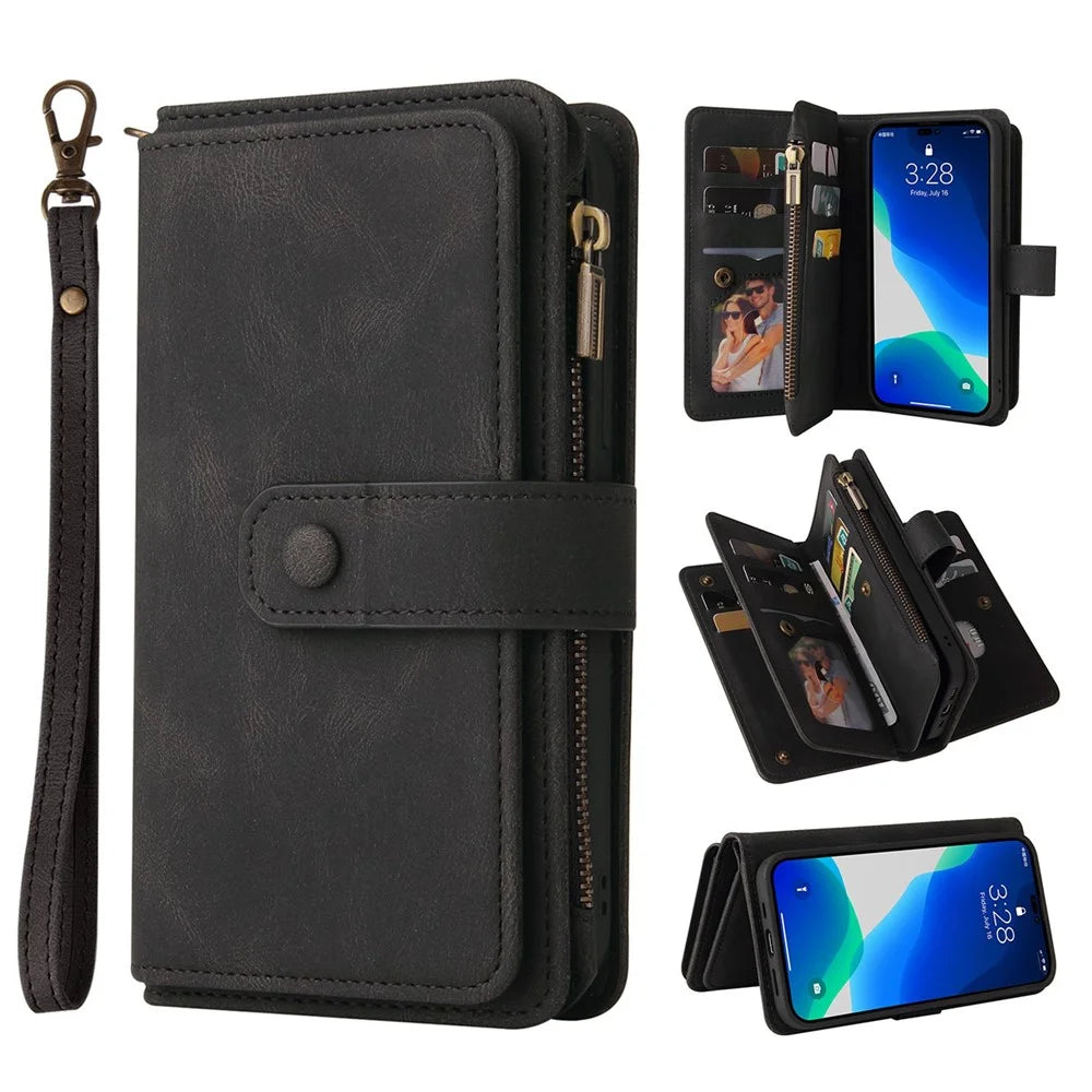 For iPhone 14 Pro Zipper Wallet Case with 15 Card Slots and Strap Leather Phone Cover - Black - 1