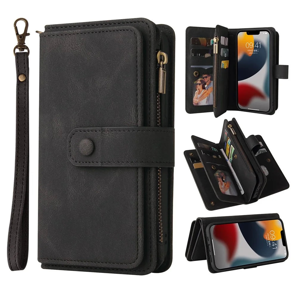 For iPhone 14 Zipper Wallet Case with 15 Card Slots and Strap Leather Phone Cover - Black - 1