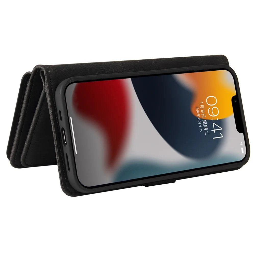 For iPhone 14 Zipper Wallet Case with 15 Card Slots and Strap Leather Phone Cover - Black - 2