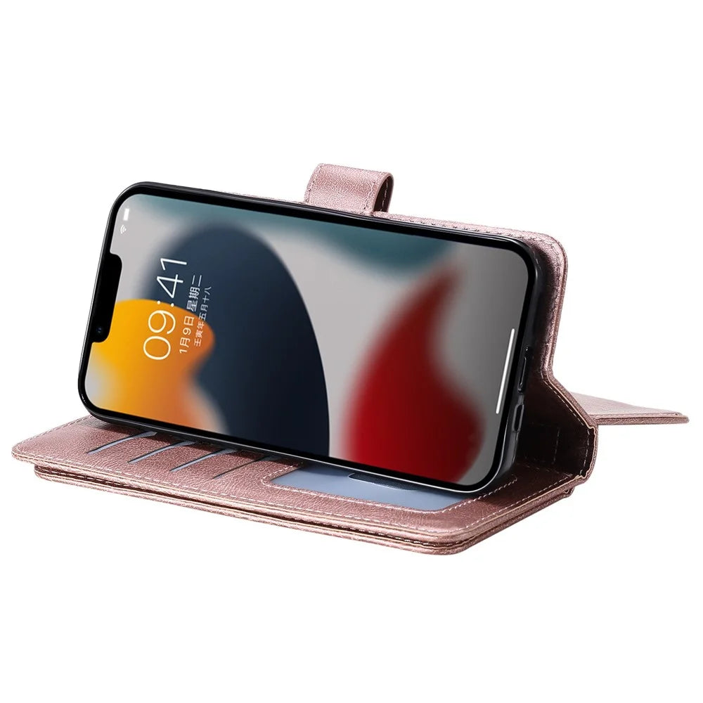 KT Multi-functional Series-1 for iPhone 14 Plus 6.7 inch PU Leather Wallet Case Stand Full Protection Magnetic Phone Cover with 10 Card Slots - Rose Gold - 3