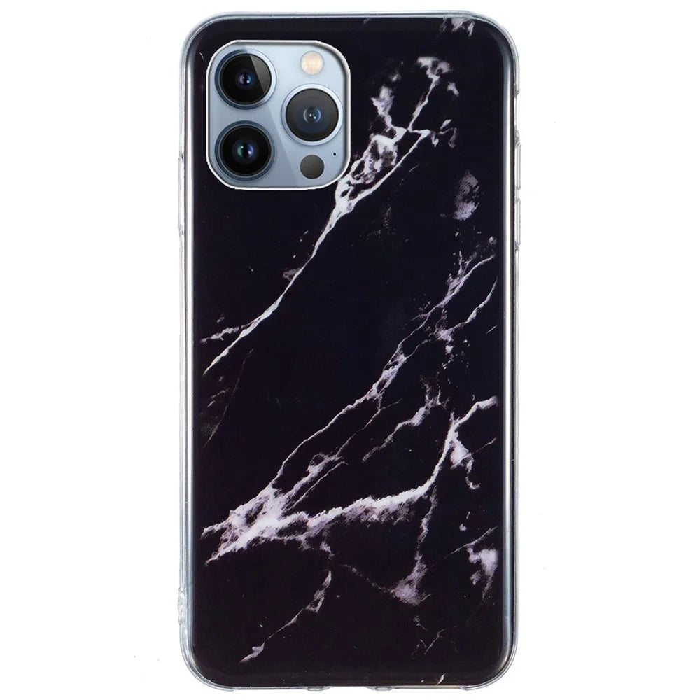 Protective Phone Case for iPhone 13 Pro Max 6.7 inch, Marble Pattern IMD Flexible TPU Back Cover - Black - 1