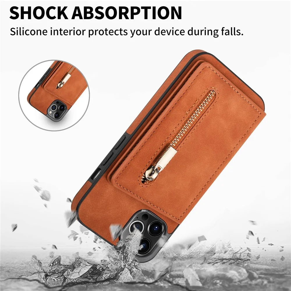 Anti-drop Phone Wallet Case for iPhone 14 Pro Max 6.7 inch, PU Leather Coated TPU Back Cover with Zipper Pocket Card Holder Kickstand - Brown - 7
