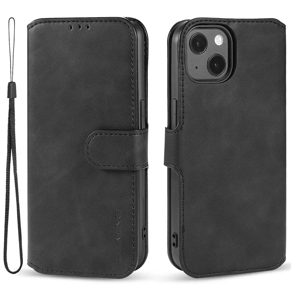 DG.MING For iPhone 14 Plus 6.7 inch Anti-scratch PU Leather Wallet Phone Case Stand Retro Style Magnetic Closure Phone Cover - Black - 1