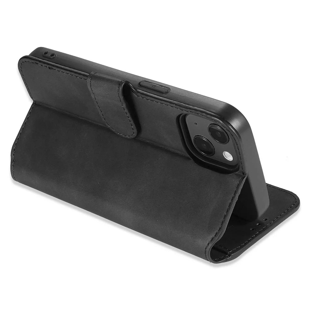 DG.MING For iPhone 14 Plus 6.7 inch Anti-scratch PU Leather Wallet Phone Case Stand Retro Style Magnetic Closure Phone Cover - Black - 4