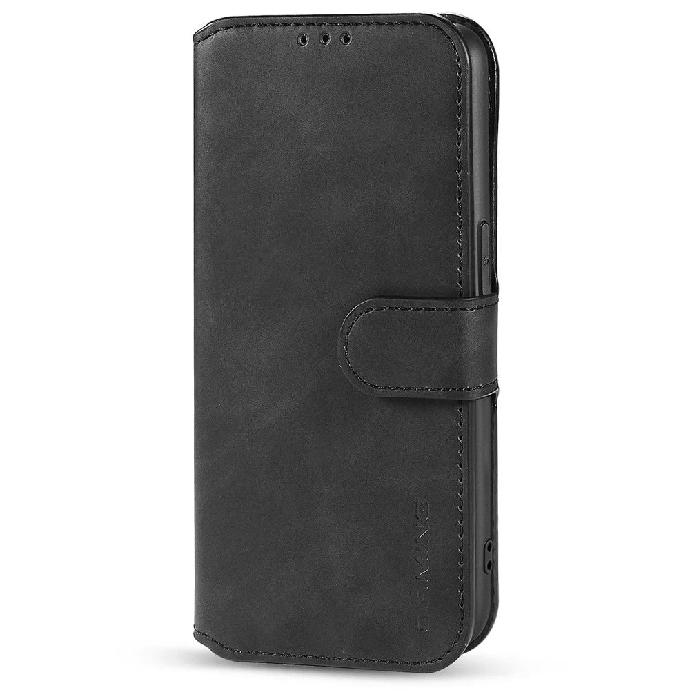 DG.MING For iPhone 14 Plus 6.7 inch Anti-scratch PU Leather Wallet Phone Case Stand Retro Style Magnetic Closure Phone Cover - Black - 6
