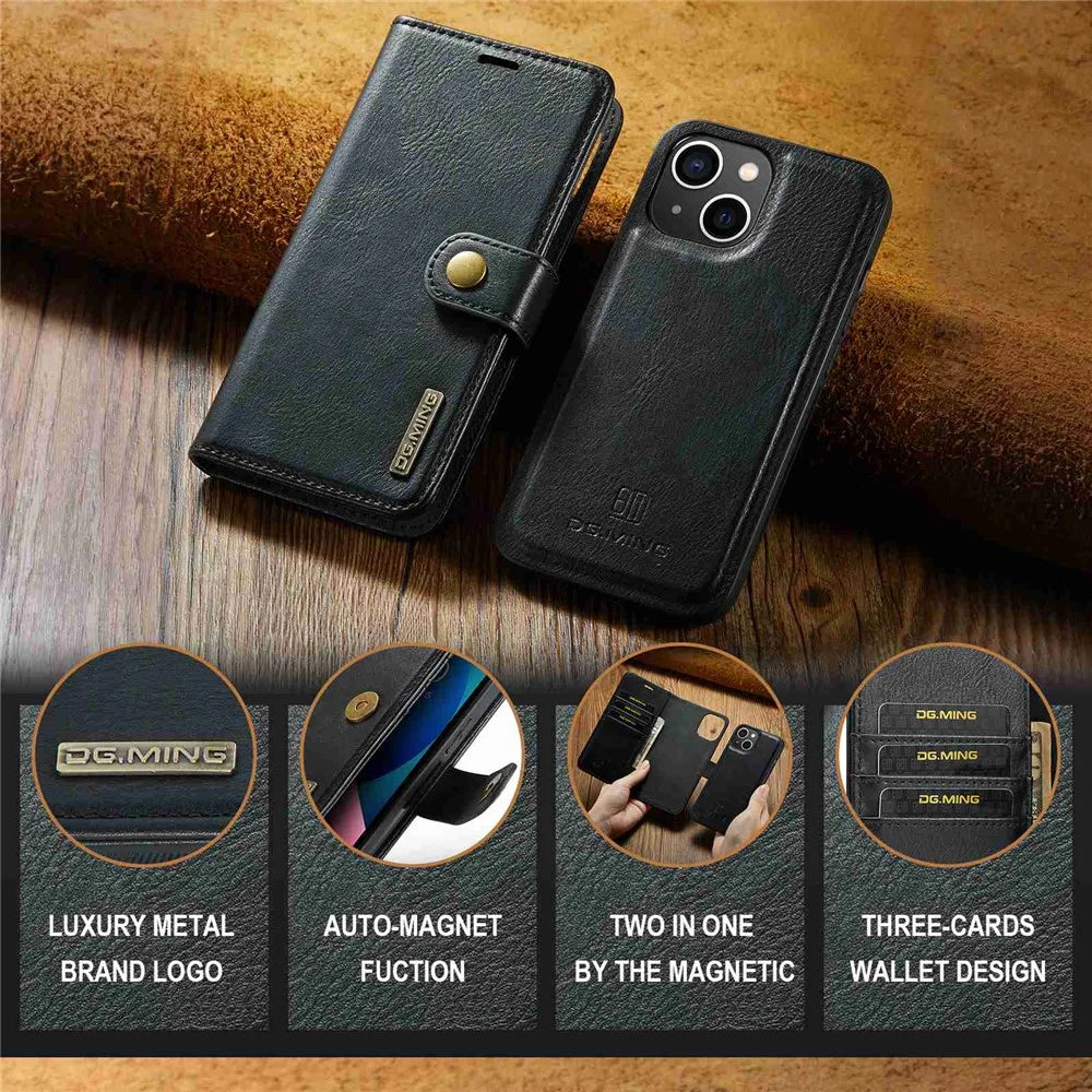 DG.MING For iPhone 14 6.1 inch Detachable Magnetic Case Split Leather Wallet Stand Shockproof  Flip Protective Cover - Black - 4