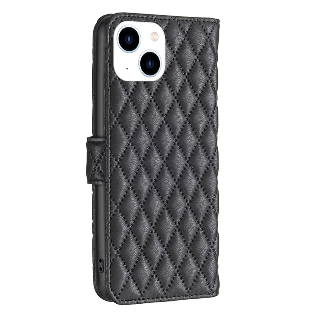 BINFEN COLOR For iPhone 14 6.1 inch BF Style-14 Matte PU Leather Imprinted Rhombus Pattern Case Stand Wallet Cover - Black - 7