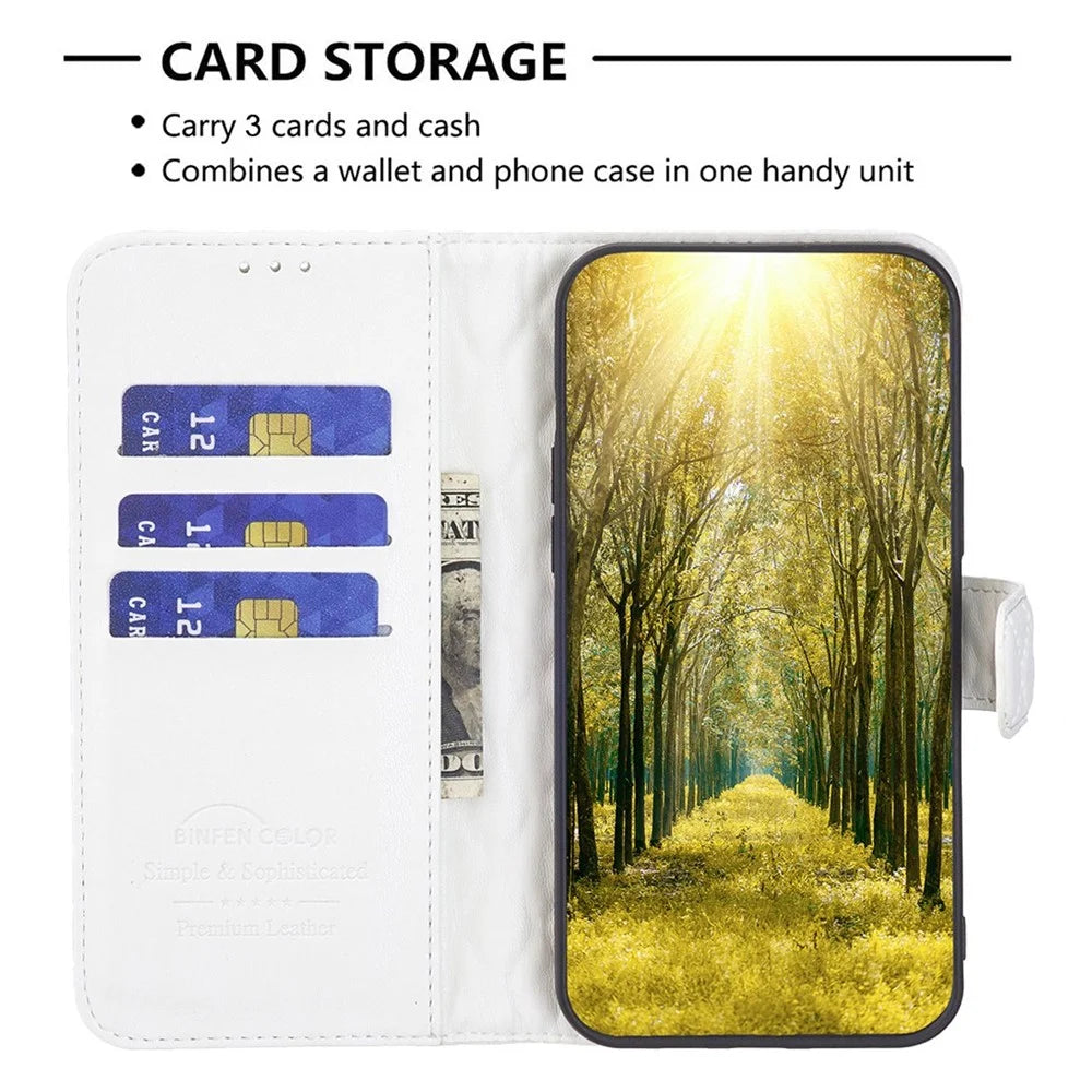 BINFEN COLOR For iPhone 14 Plus 6.7 inch BF Style-14 Matte PU Leather Imprinted Rhombus Pattern Case Adjustable Stand Wallet Cover - White - 3