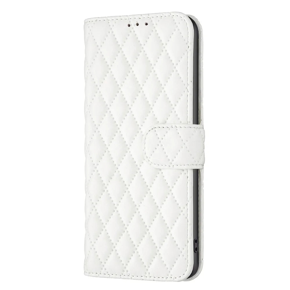 BINFEN COLOR For iPhone 14 Plus 6.7 inch BF Style-14 Matte PU Leather Imprinted Rhombus Pattern Case Adjustable Stand Wallet Cover - White - 6