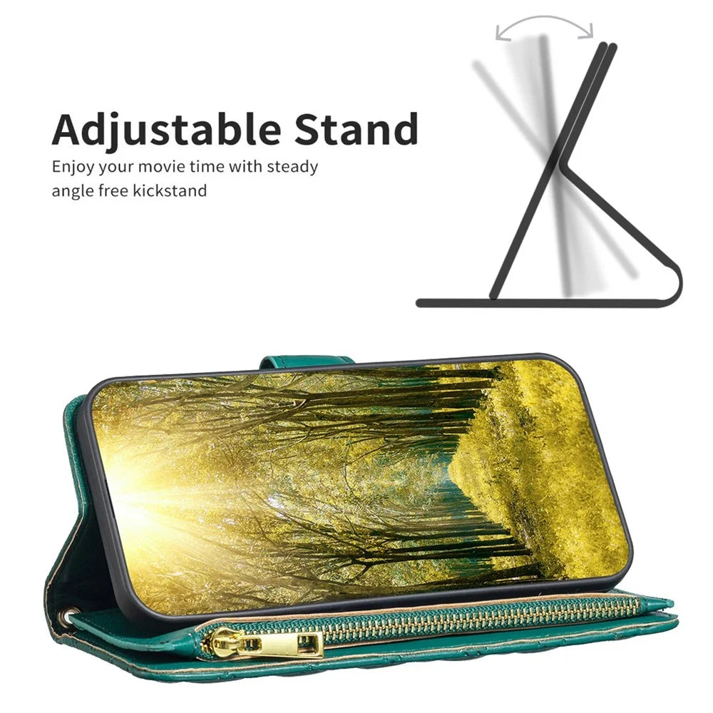 BINFEN COLOR BF Style-15 Cellphone Shell for iPhone 12 / 12 Pro 6.1 inch, Imprinted Rhombus Pattern Case with Zipper Pocket Stand Matte PU Leather Wallet Cover - Green - 2