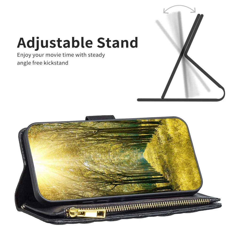 BINFEN COLOR for iPhone 14 Pro 6.1 inch BF Style-15 Zipper Pocket Imprinted Rhombus Pattern Case Drop Resistant Flip Stand Matte PU Leather Wallet Cover - Black - 2