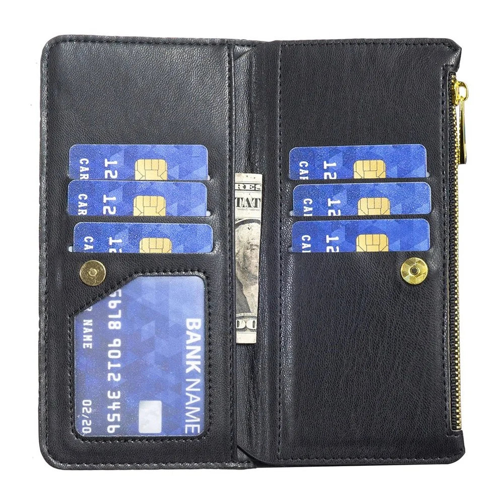 BINFEN COLOR for iPhone 14 Pro 6.1 inch BF Style-15 Zipper Pocket Imprinted Rhombus Pattern Case Drop Resistant Flip Stand Matte PU Leather Wallet Cover - Black - 4