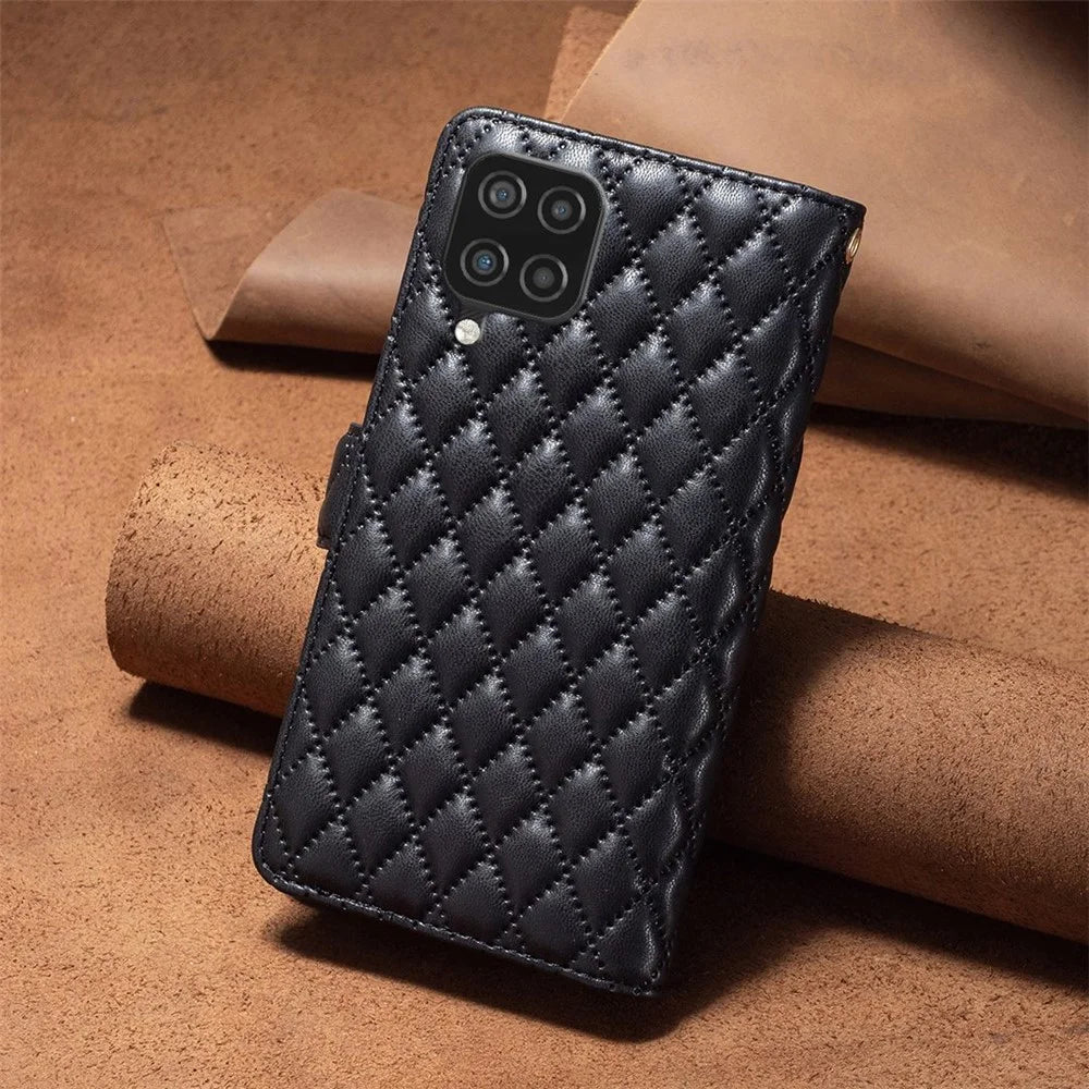 BINFEN COLOR for Samsung Galaxy A12 BF Style-15 Imprinted Rhombus Pattern Magnetic Clasp Protective Case with Zipper Pocket Stand Matte PU Leather Wallet Cover - Black - 6