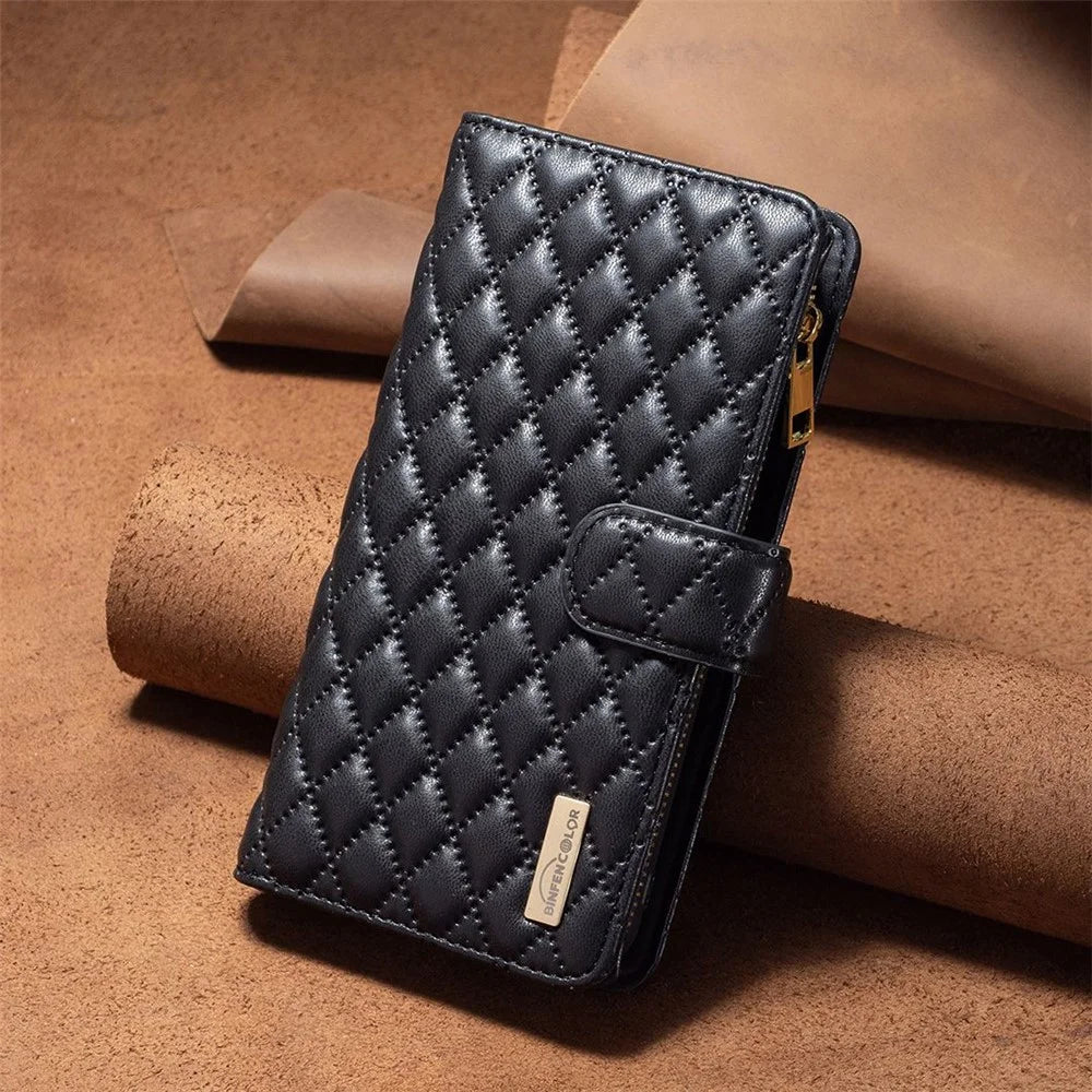 BINFEN COLOR for Samsung Galaxy A12 BF Style-15 Imprinted Rhombus Pattern Magnetic Clasp Protective Case with Zipper Pocket Stand Matte PU Leather Wallet Cover - Black - 7