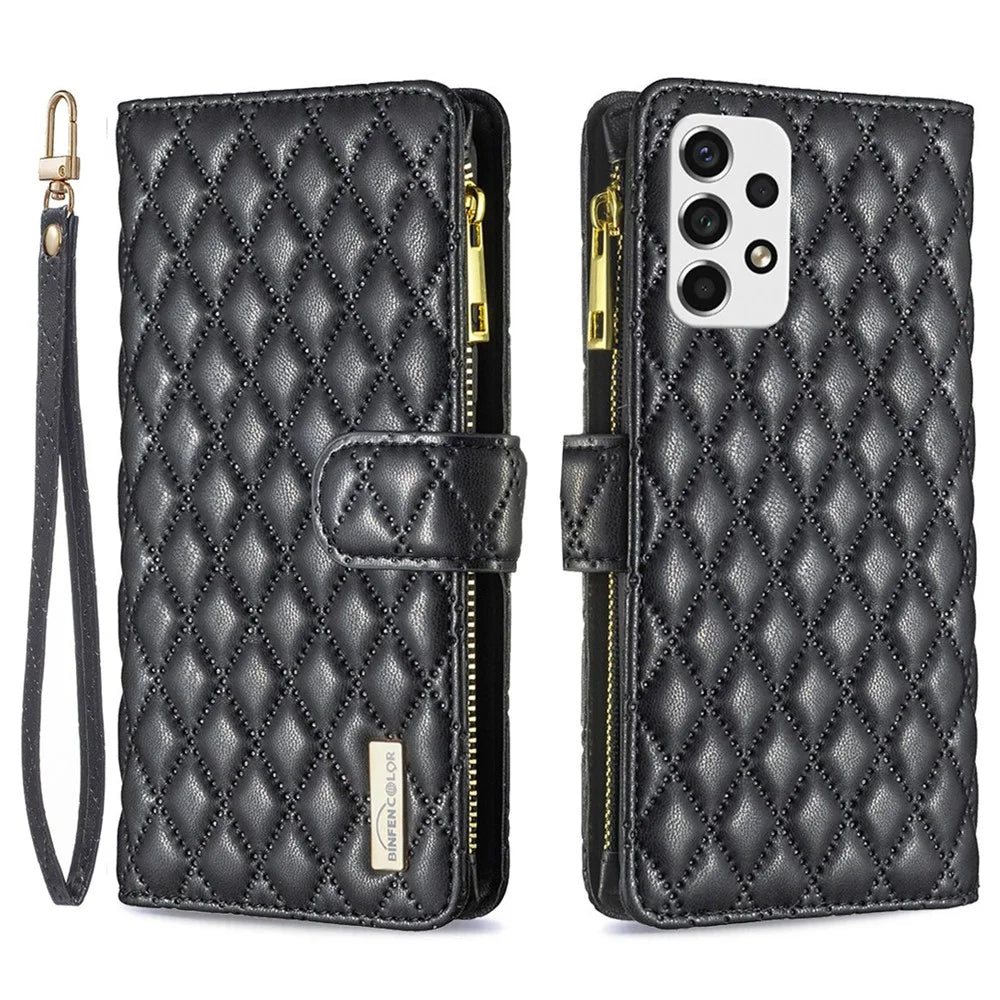BINFEN COLOR for Samsung Galaxy A53 5G BF Style-15 Anti-drop Phone Cover with Zipper Pocket Feature Imprinted Rhombus Pattern Matte PU Leather Wallet Case - Black - 1