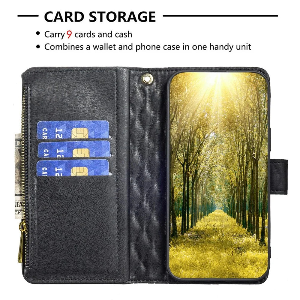 BINFEN COLOR for Samsung Galaxy A53 5G BF Style-15 Anti-drop Phone Cover with Zipper Pocket Feature Imprinted Rhombus Pattern Matte PU Leather Wallet Case - Black - 3