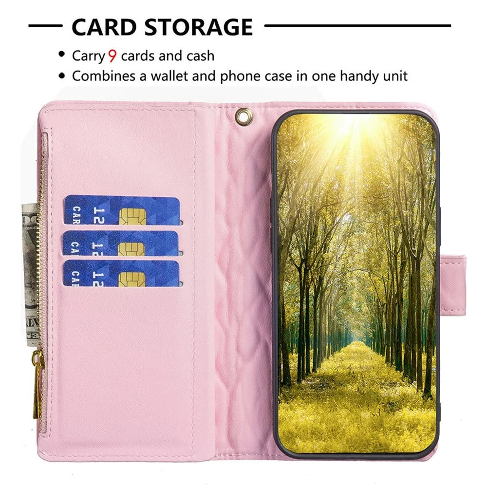 BINFEN COLOR BF Style-15 for Samsung Galaxy A23 5G (Global Version) / 4G / M23 5G Imprinted Rhombus Pattern Shockproof Phone Case with Zipper Pocket - Pink - 3