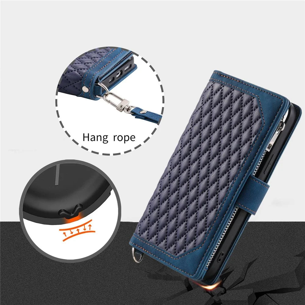 005 Phone Covering Shell for Samsung Galaxy A52s 5G  /  A52 5G / 4G, Rhombus Grid Textured PU Leather Phone Case Zipper Pocket Stand Wallet with Strap - Blue - 7