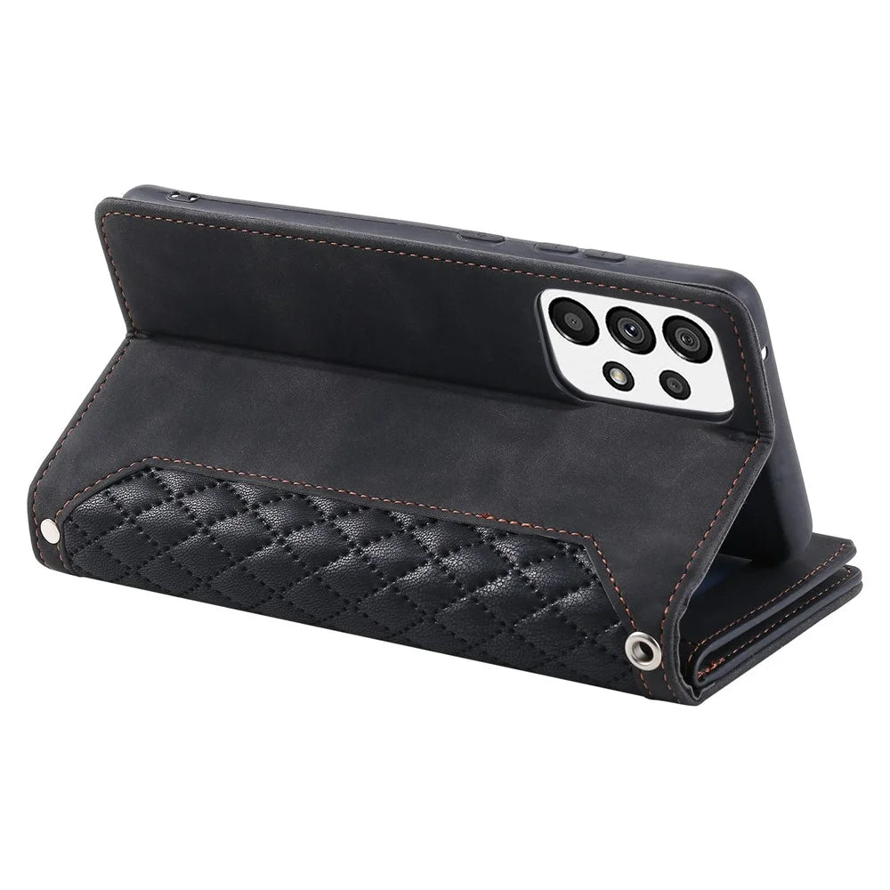 005 Style for Samsung Galaxy A73 5G Rhombus Texture Smartphone Cover PU Leather Zipper Pocket Stand Wallet Drop-proof Case with Strap - Black - 4