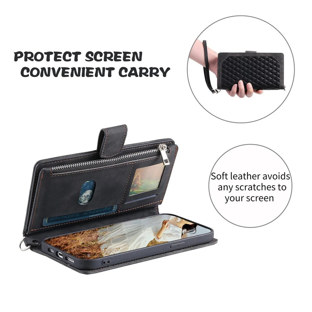 005 Style for Samsung Galaxy A73 5G Rhombus Texture Smartphone Cover PU Leather Zipper Pocket Stand Wallet Drop-proof Case with Strap - Black - 6