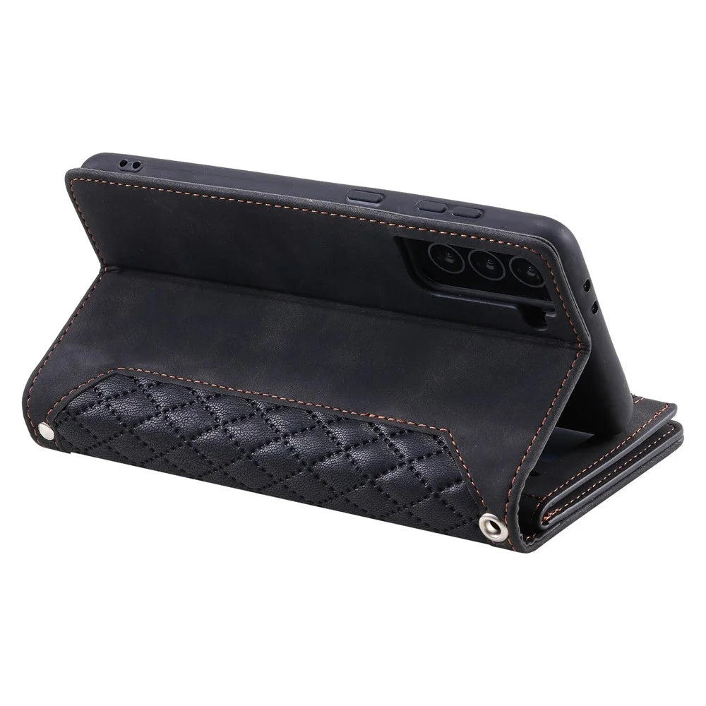 005 Style for Samsung Galaxy S22 5G Stylish Rhombus Texture PU Leather Phone Cover Zipper Pocket Card Cash Holder Shockproof Shell with Wrist Strap - Black - 4