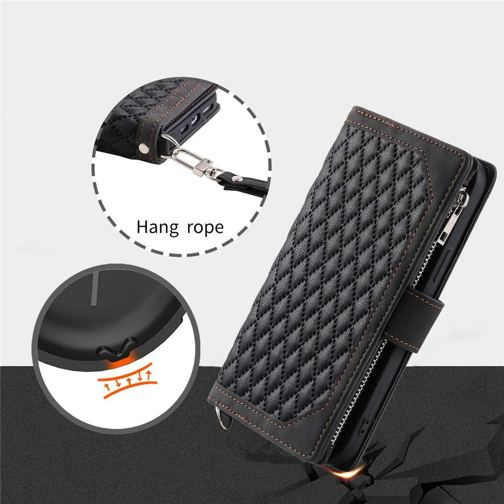 005 Style for Samsung Galaxy S22 5G Stylish Rhombus Texture PU Leather Phone Cover Zipper Pocket Card Cash Holder Shockproof Shell with Wrist Strap - Black - 7