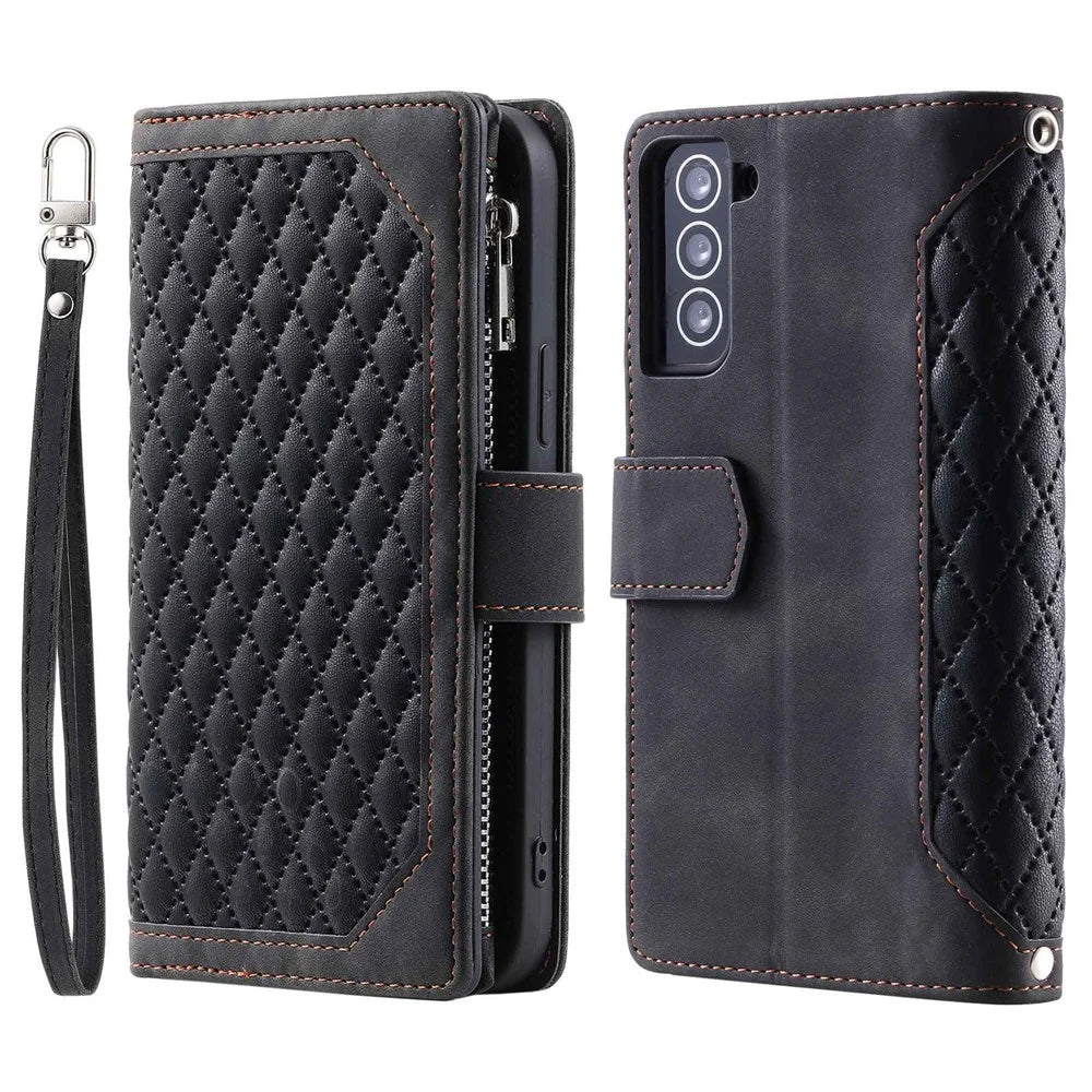 005 Style for Samsung Galaxy S22+ 5G Zipper Pocket Design PU Leather Phone Drop-proof Cover Rhombus Texture Stand Wallet Case with Strap - Black - 1