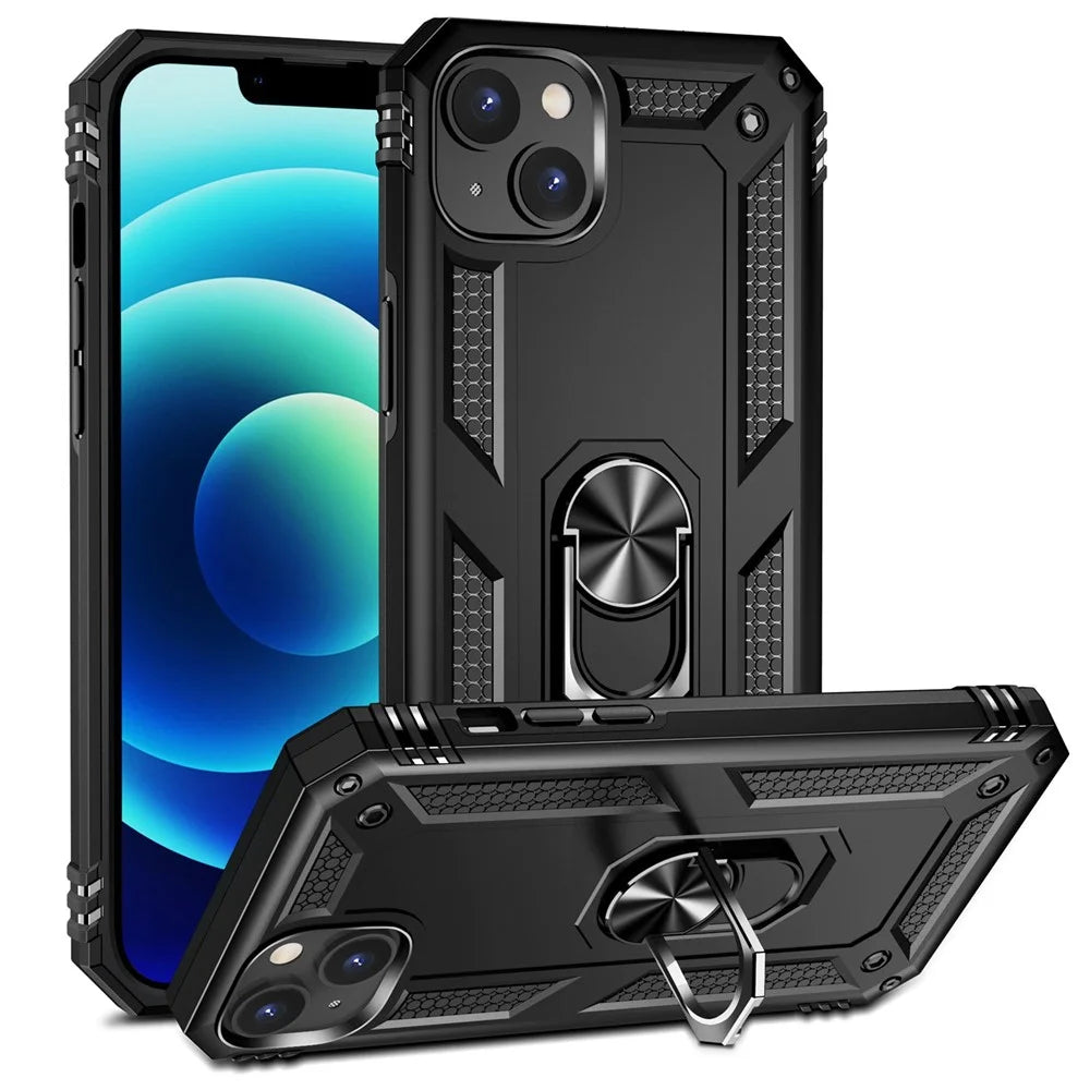 For iPhone 14 Plus 6.7 inch Ring Kickstand Hybrid TPU + PC Case Anti-drop Phone Cover with Car Mount Metal Sheet - Black - 1