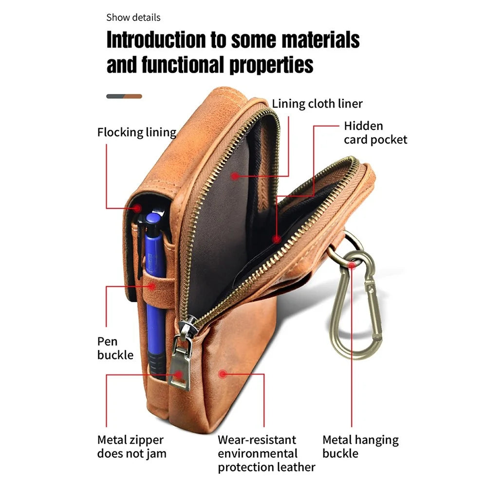 PULOKA Vertical Multifunction Mobile Phone Zippered Bag for 7.2-inch Cell Phones PU Leather Waist Pouch with Pen Holder - Dark Grey - 2