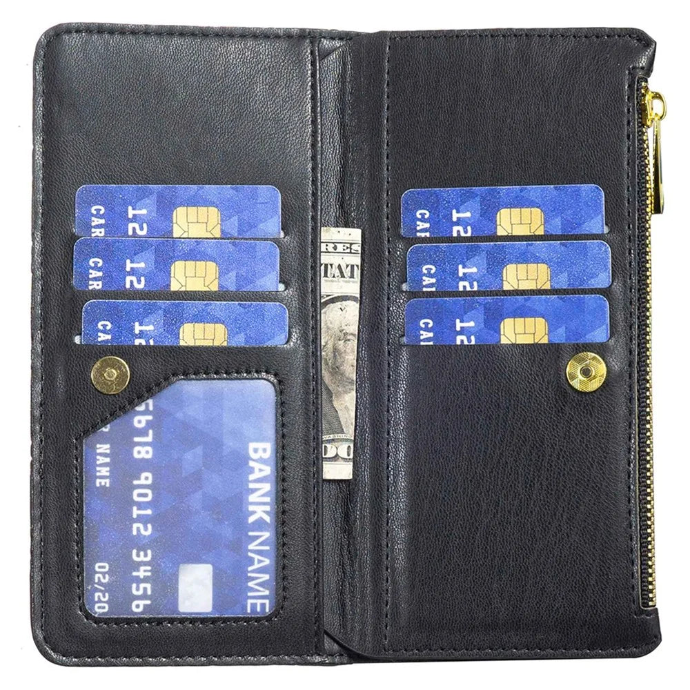 BINFEN COLOR BF Style-15 for Samsung Galaxy S21 FE 5G Imprinted Rhombus Pattern Stand Wallet Phone Case PU Leather Matte Zipper Pocket Cover - Black - 4