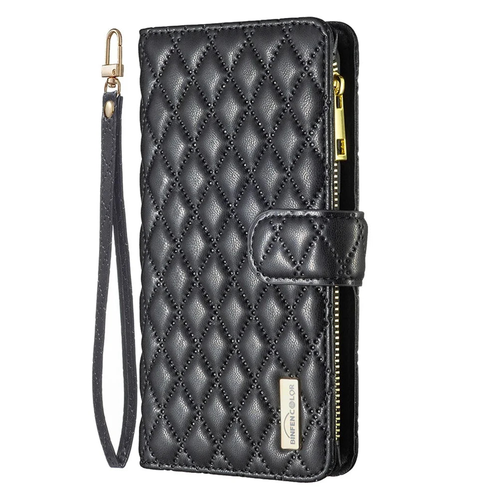 BINFEN COLOR BF Style-15 for Samsung Galaxy S21 FE 5G Imprinted Rhombus Pattern Stand Wallet Phone Case PU Leather Matte Zipper Pocket Cover - Black - 7