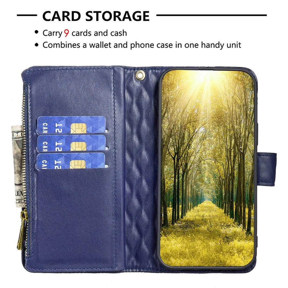 BINFEN COLOR BF Style-15 for Samsung Galaxy S21 4G / 5G Rhombus Pattern Imprinted Matte PU Leather TPU Case Stand Wallet Zipper Pocket Phone Shell Protector - Blue - 3