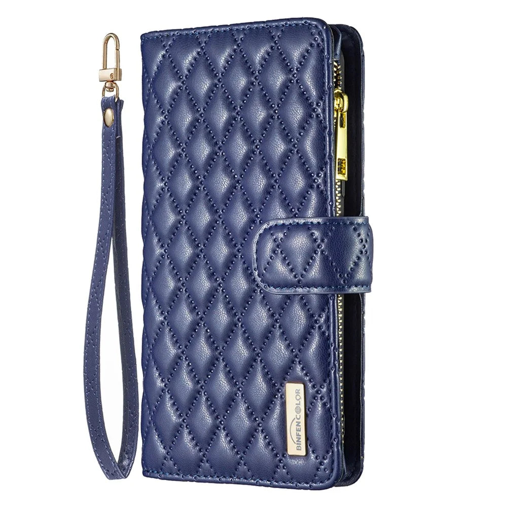 BINFEN COLOR BF Style-15 for Samsung Galaxy S21 4G / 5G Rhombus Pattern Imprinted Matte PU Leather TPU Case Stand Wallet Zipper Pocket Phone Shell Protector - Blue - 7