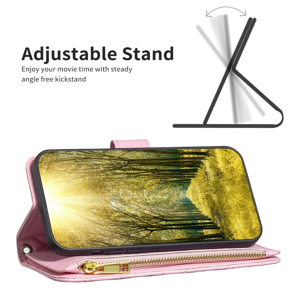 BINFEN COLOR BF Style-15 for iPhone 13 mini 5.4 inch Zipper Pocket Rhombus Pattern Imprinted Phone Case Matte PU Leather Wallet Stand Shell - Pink - 2
