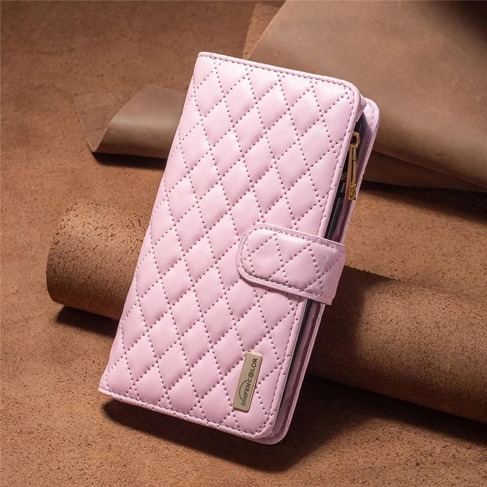 BINFEN COLOR BF Style-15 for iPhone 13 mini 5.4 inch Zipper Pocket Rhombus Pattern Imprinted Phone Case Matte PU Leather Wallet Stand Shell - Pink - 5