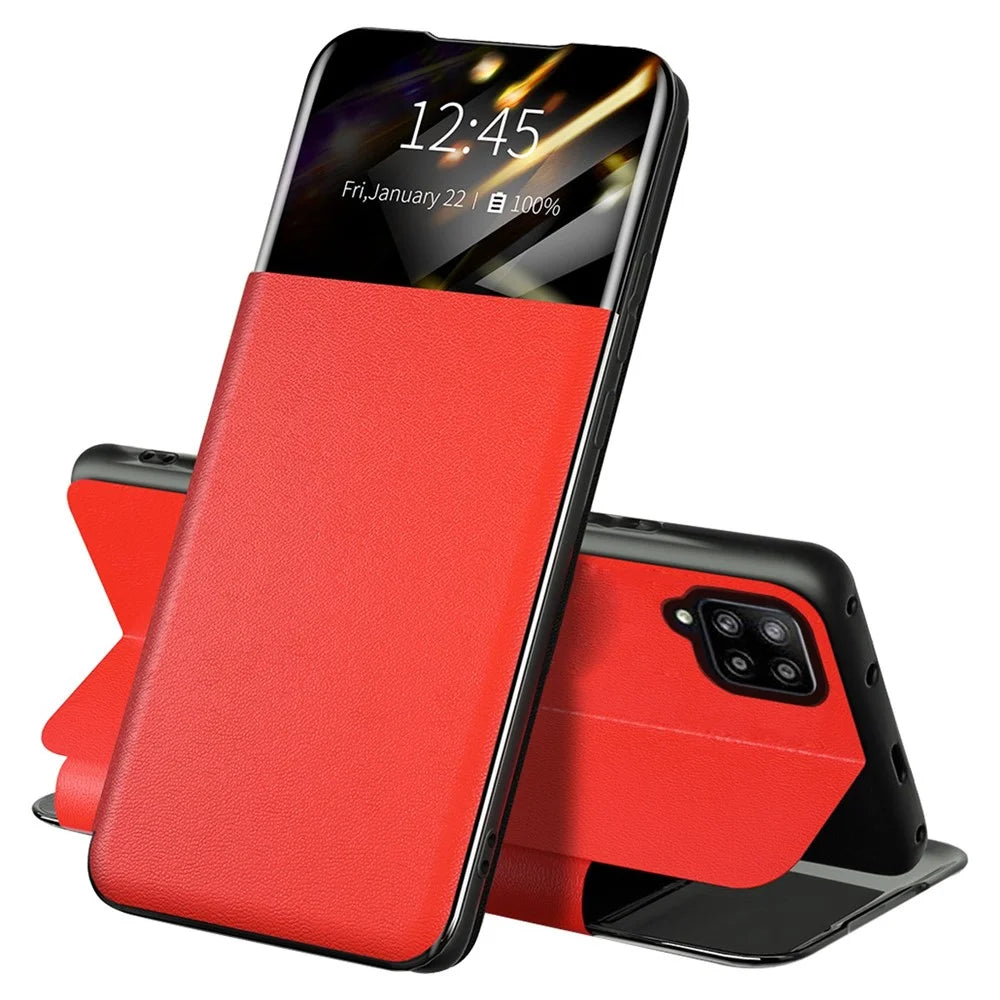 For Samsung Galaxy A42 5G Full Protection Stand Card Slot Phone Case PU Leather Protective Cover with View Window - Red - 1