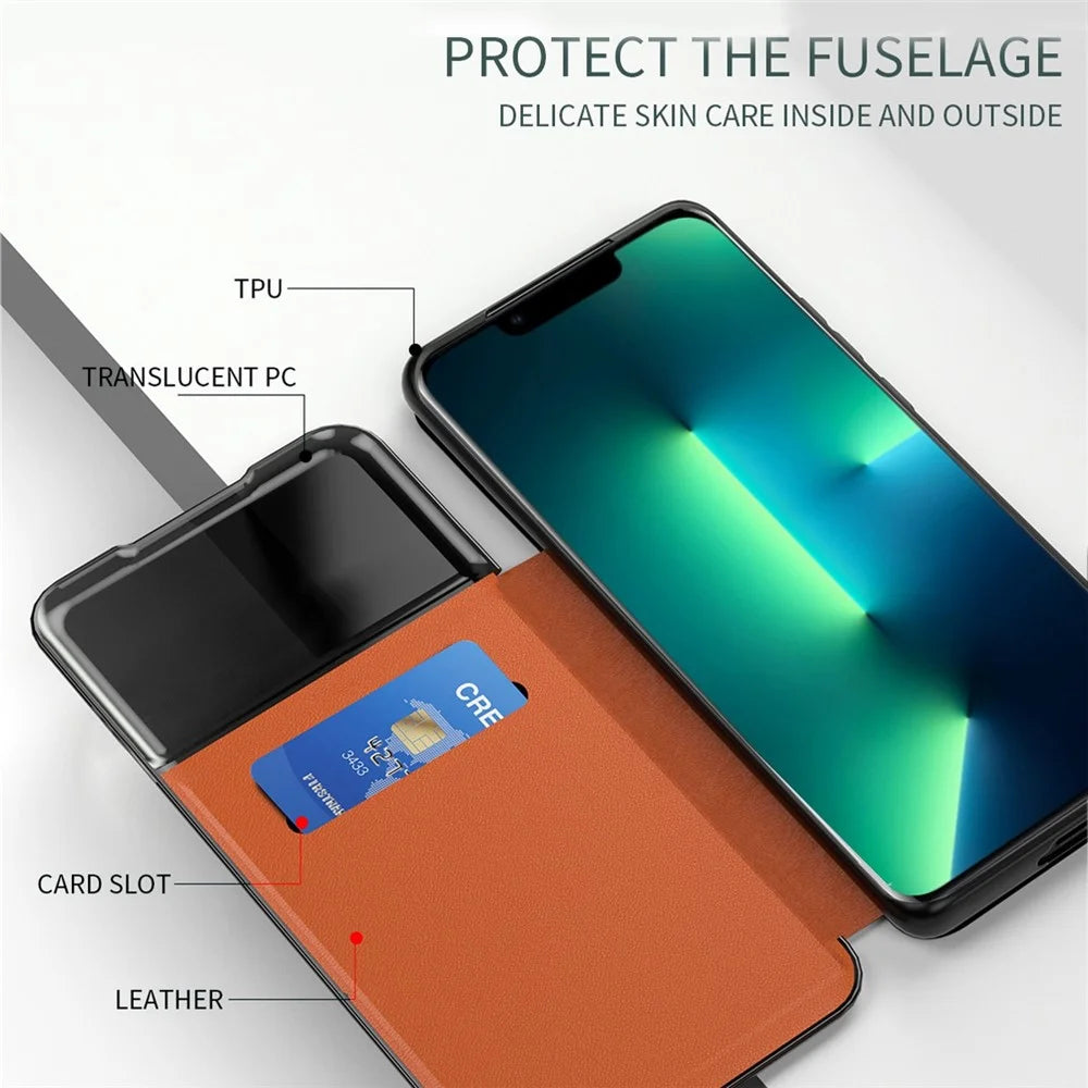 For iPhone 13 Pro 6.1 inch View Window PU Leather Stand Cover Card Slot Flip Folio Phone Case - Blue - 5