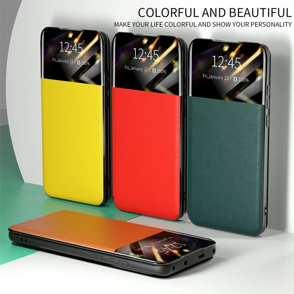 For iPhone 13 Pro 6.1 inch View Window PU Leather Stand Cover Card Slot Flip Folio Phone Case - Blue - 7