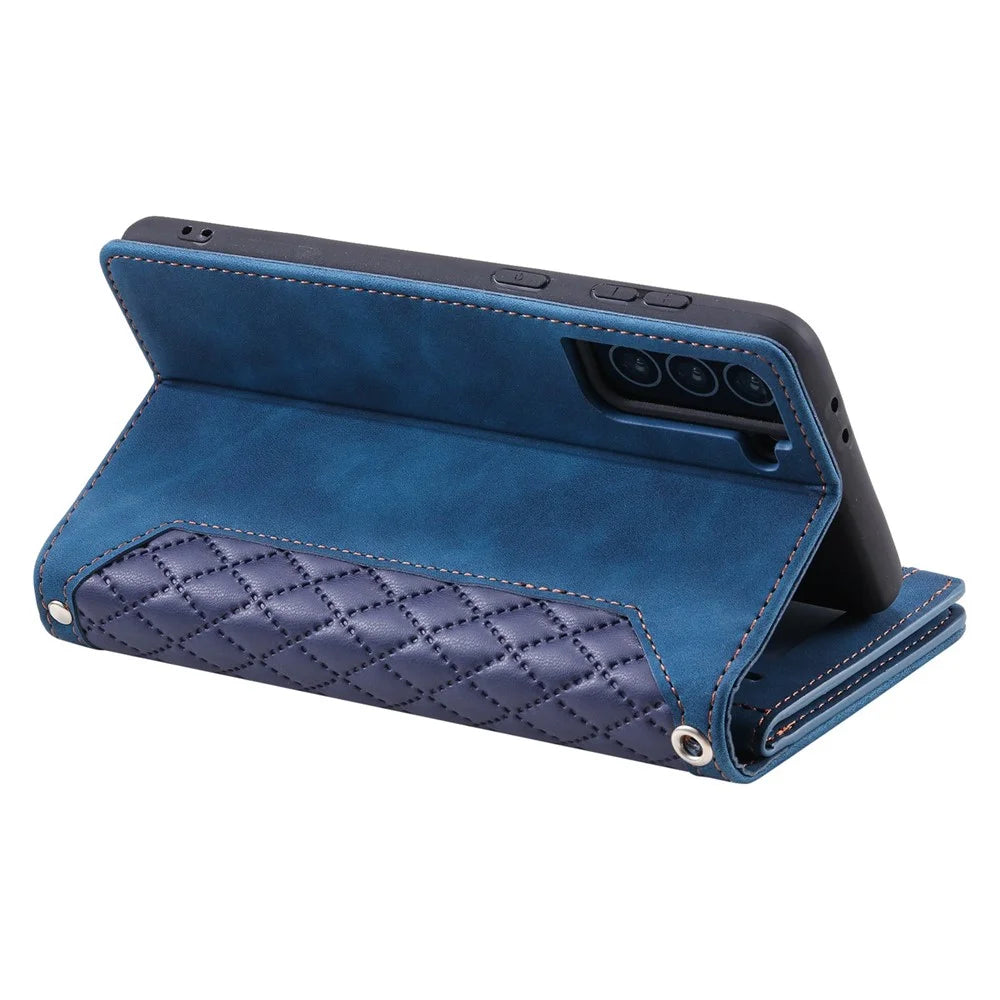 005 Style for Samsung Galaxy S21 4G / 5G Zipper Pocket Rhombus Texture Wallet Case PU Leather Stand Phone Cover with Wrist Strap - Blue - 4