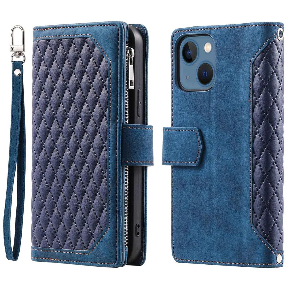 005 Style Wallet Rhombus Texture Case for iPhone 13 6.1 inch, Zipper Pocket PU Leather Phone Stand Cover with Wrist Strap - Blue - 1